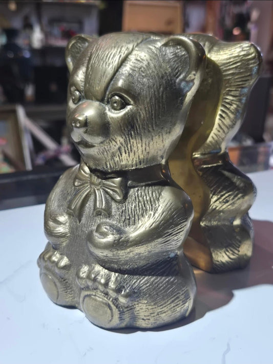 Vintage Brass Teddy Bear Bookends, Mid Century Solid Metal Bear Pair, Cute Nursery Decor, Heavy Desk Book Ends, Retro Office Shelf Decor - Workshop & Study