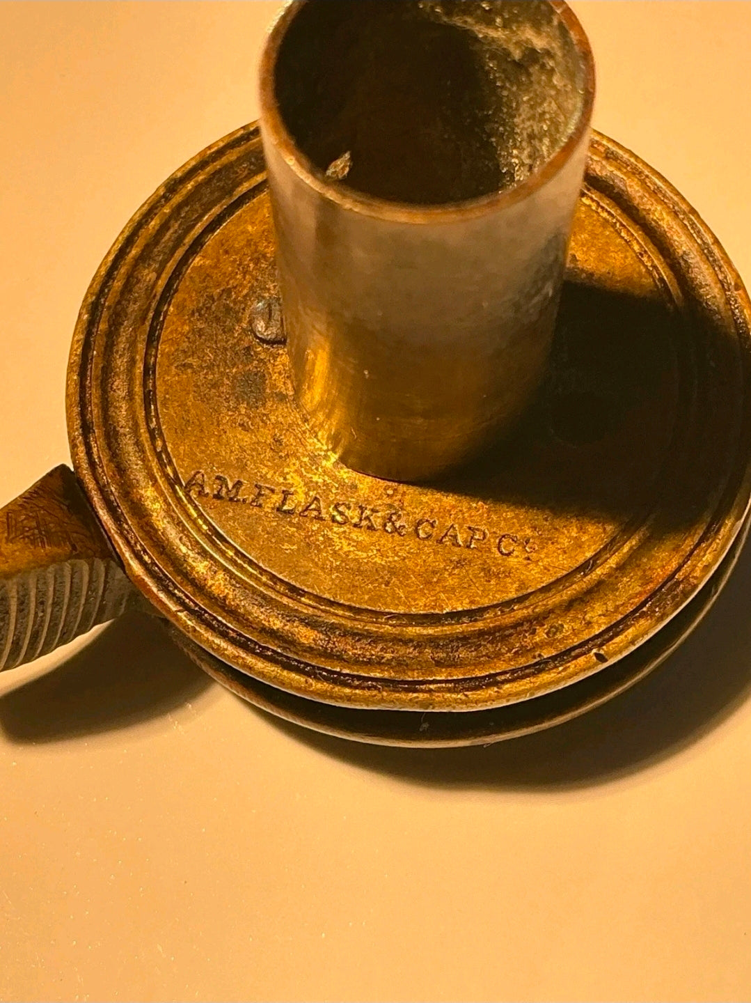 Antique AM Flask & Cap Co Powder Flask – American Copper & Brass – c. 1850s