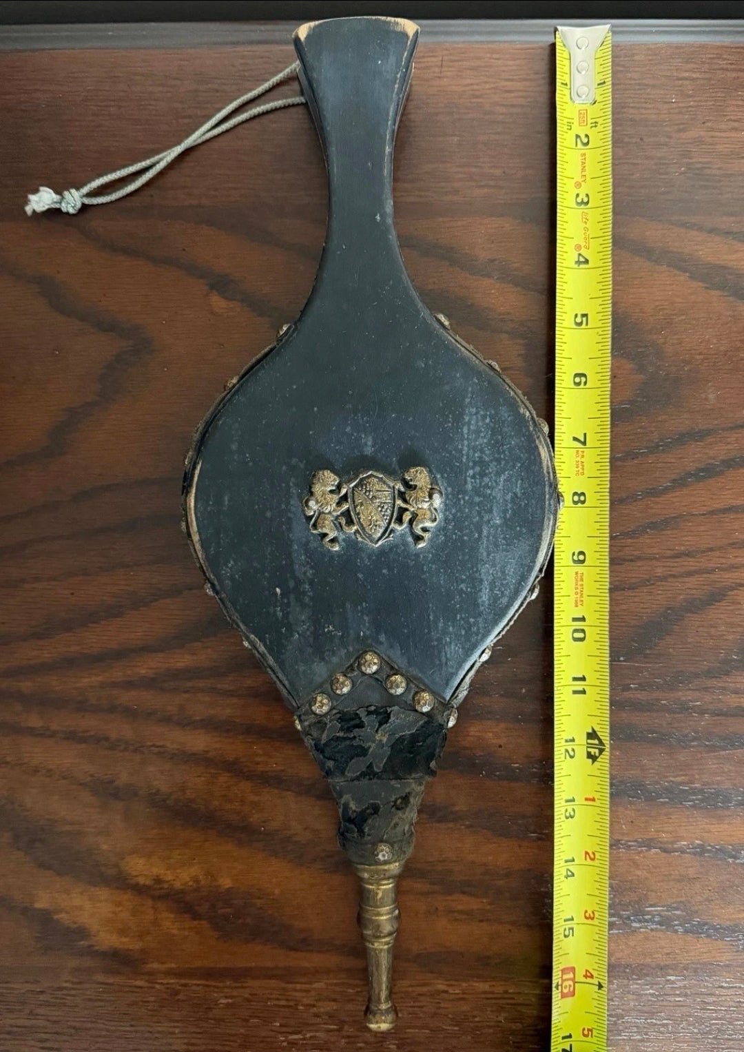 Vintage Fireplace Bellows – Medieval Heraldic Crest, Studded Leather & Brass, c. 1960s - Workshop & Study