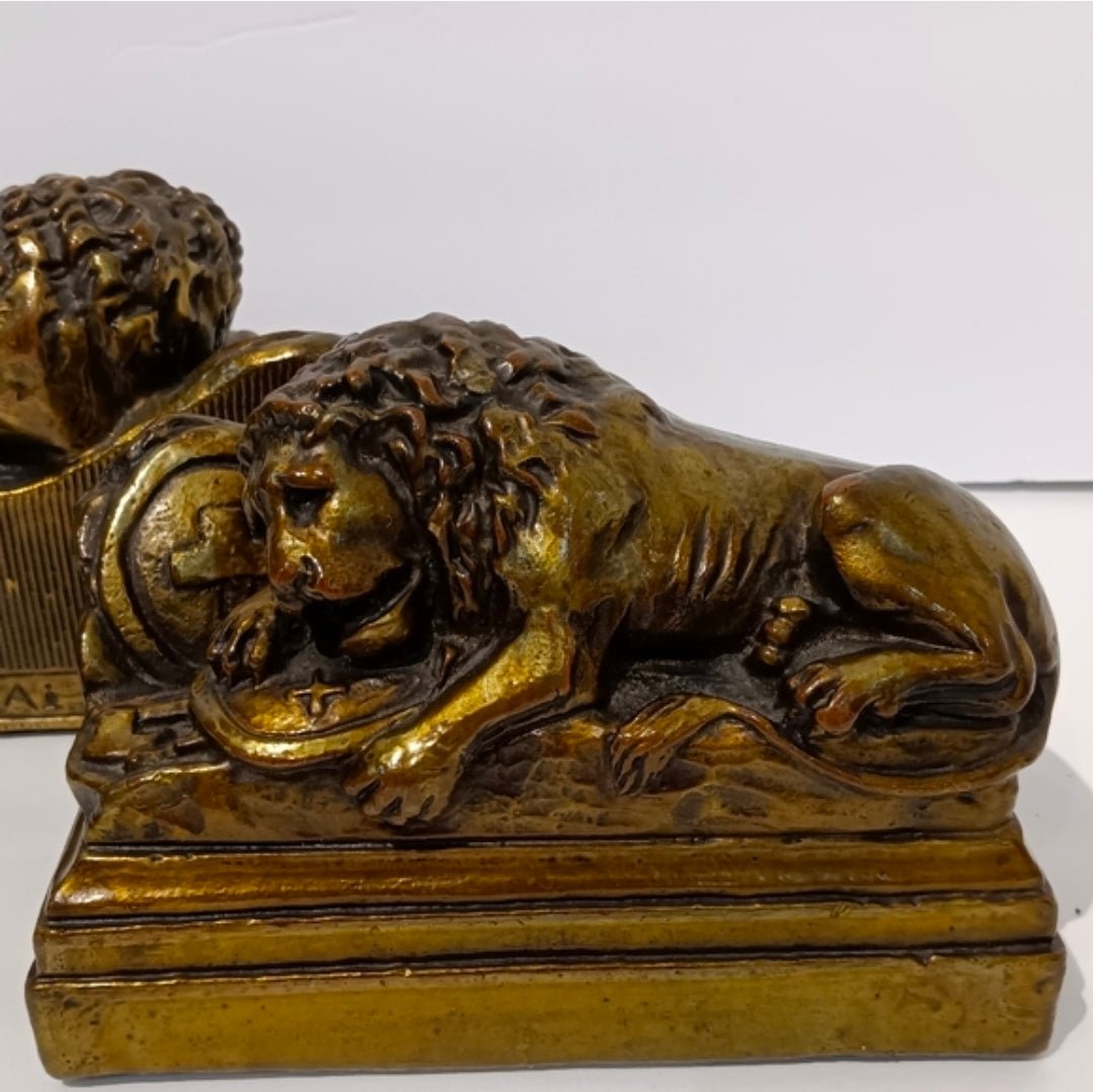 Vintage Lion of Lucerne Bookends Pair – Heavy Cast Brass - Metal Swiss Lion Bookends with Enamel Finish - Workshop & Study