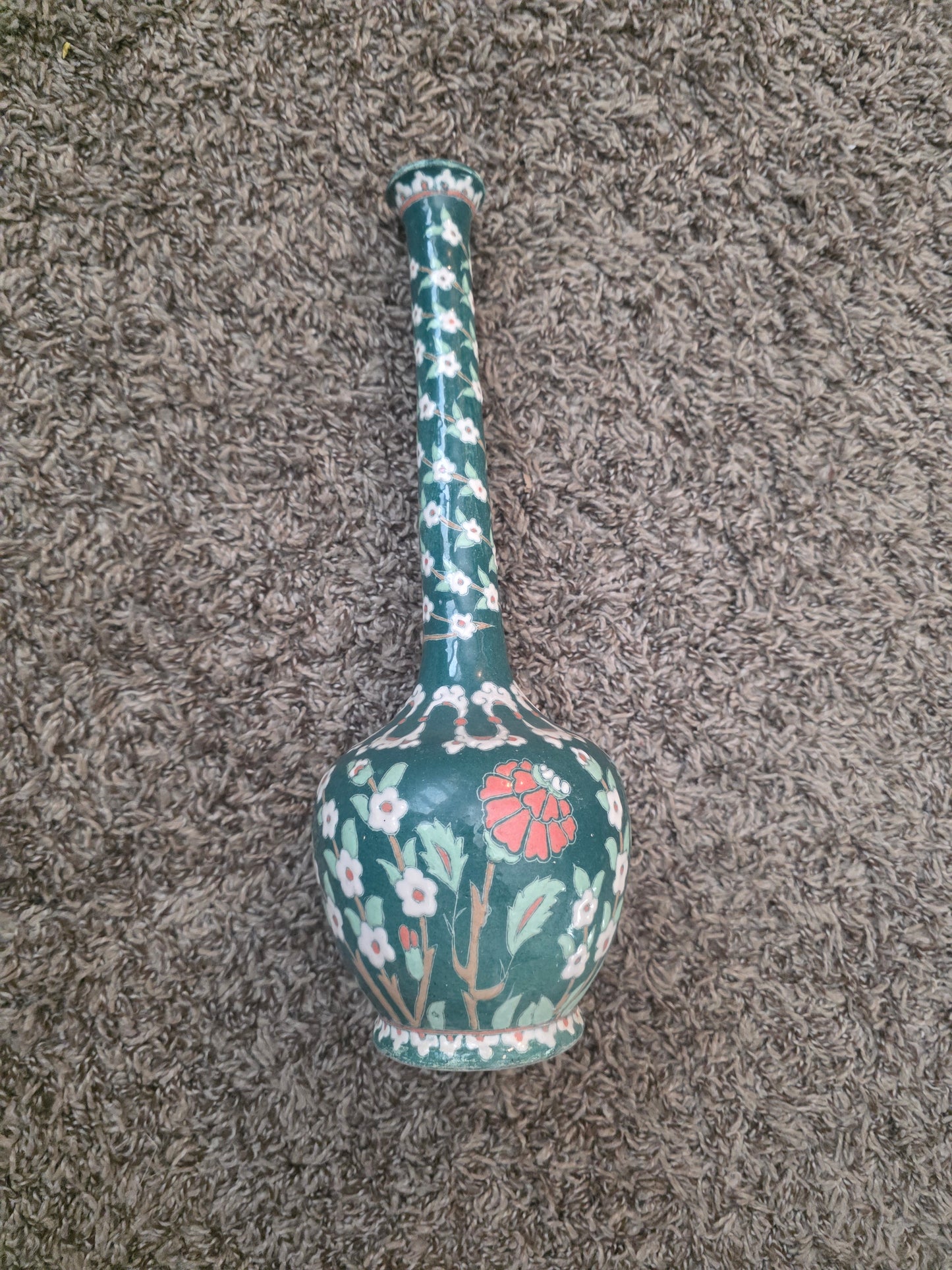 Vintage Handmade Kütahya Turkish Pottery Vase & Plate Set | Hand-Painted Çini Ceramic | Floral Green