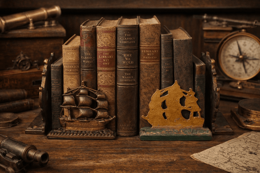 Vintage Cast Iron Ship Bookends – Nautical Sailing Ships, Maritime Library Decor, Antique Bronze Finish - Workshop & Study