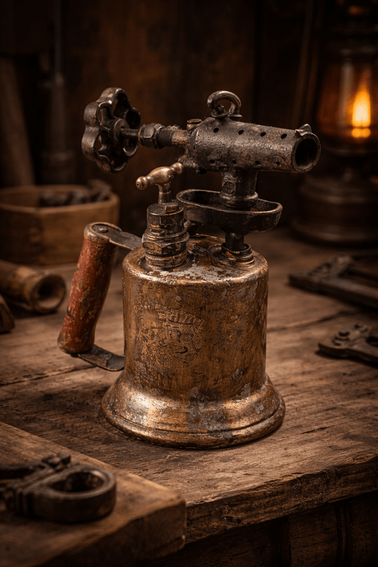 Vintage Brass Blowtorch Blow Lamp – Industrial Steampunk Tool Decor – Antique Workshop Torch Primitive Metal Tool - Workshop & Study