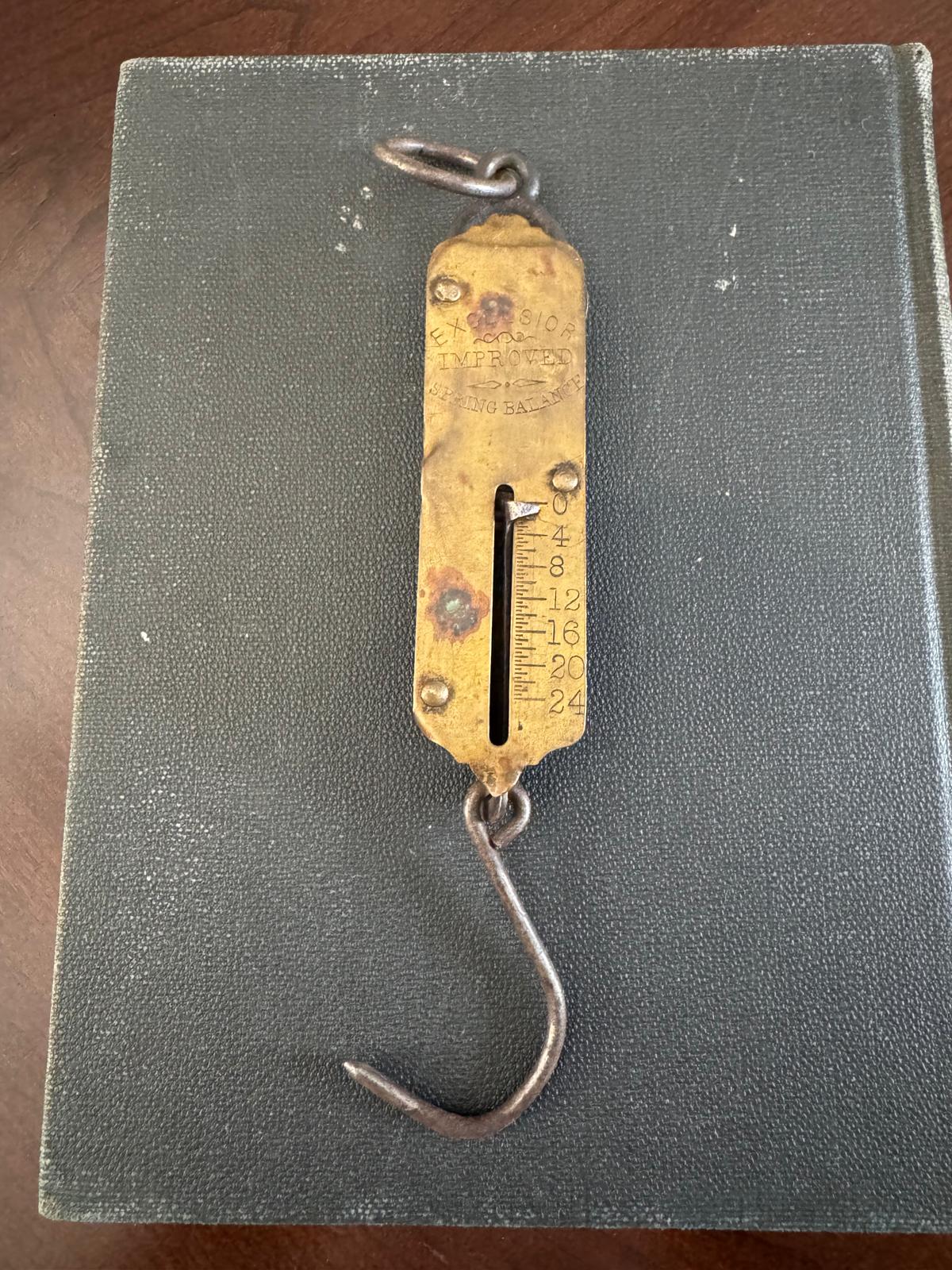 Antique Excelsior Improved Spring Balance Scale, Brass Hanging Scale with Hook, Vintage Pocket Scale Tool