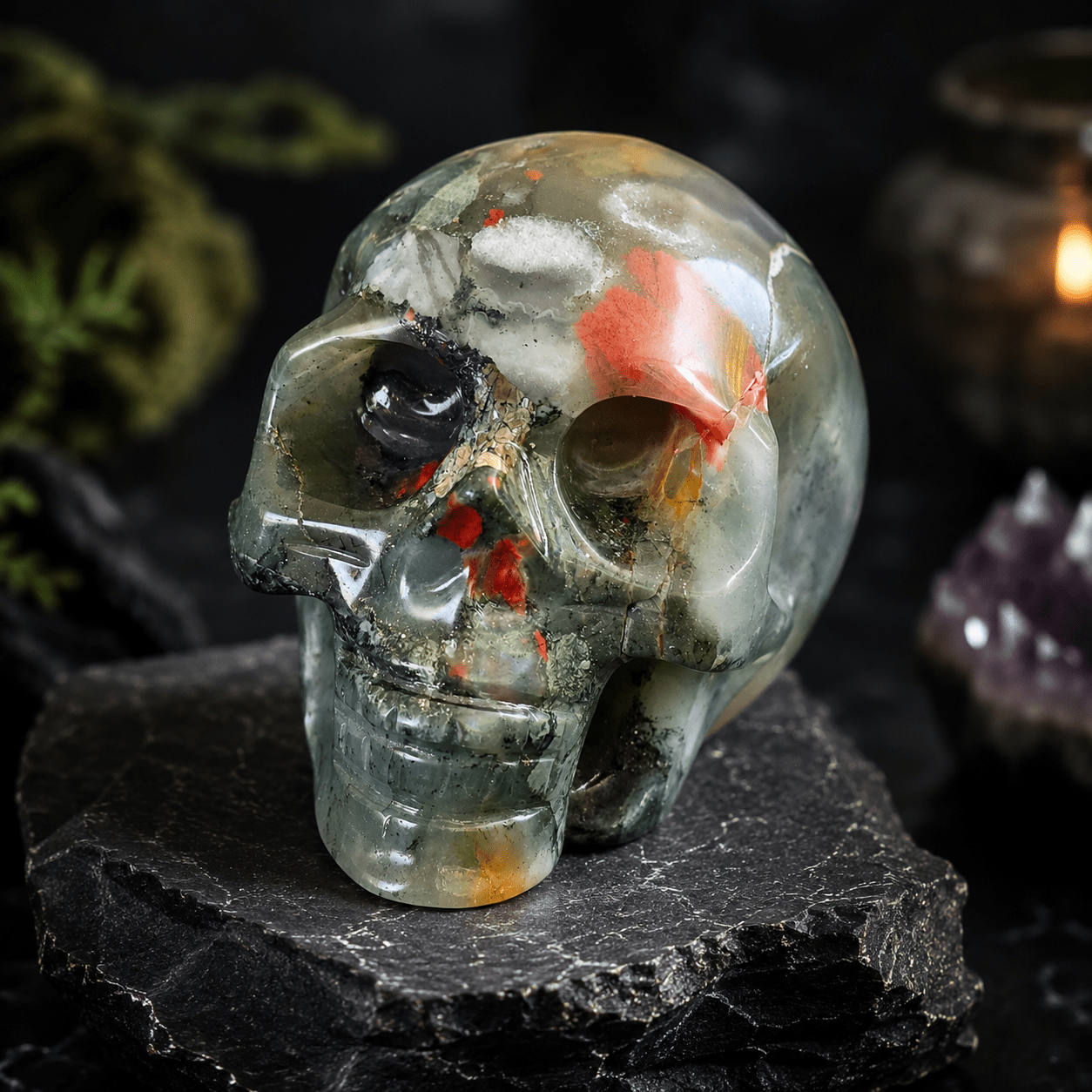 3" Moss Agate Crystal Skull Carving | Natural Green Stone w/ Red Inclusions - Workshop & Study