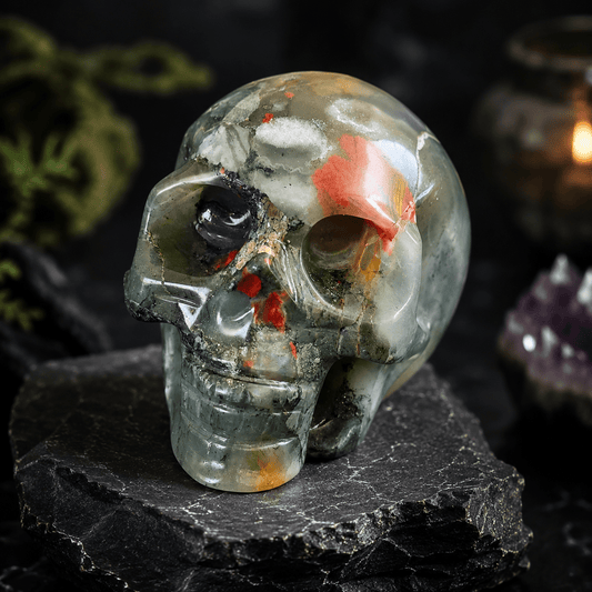 3" Moss Agate Crystal Skull Carving | Natural Green Stone w/ Red Inclusions - Workshop & Study