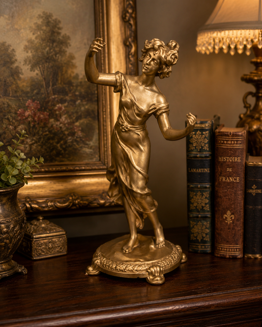 Vintage Art Nouveau Style Dancing Lady Figurine | 14.5" Gold Finish Sculpture | Elegant Classical Home Decor
