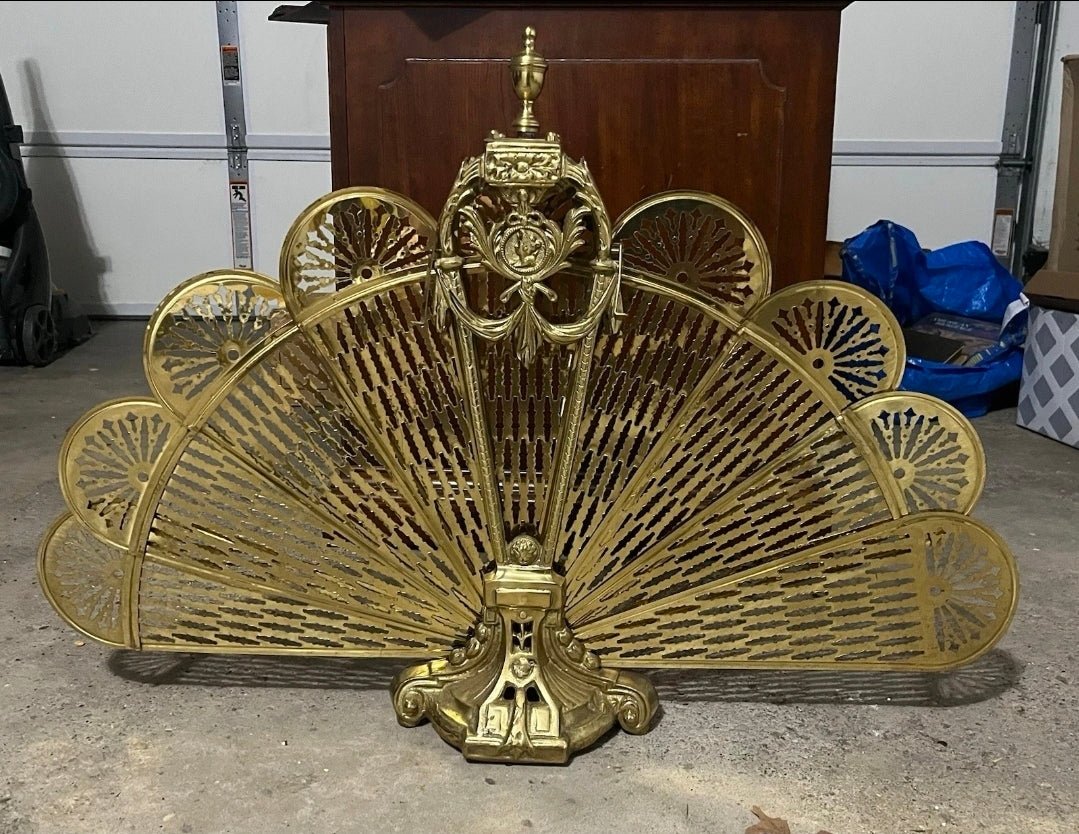 Antique Brass Folding Fireplace Screen – Ornate Peacock Fan Design, Neoclassical Motif, Decorative Fire Guard - Workshop & Study