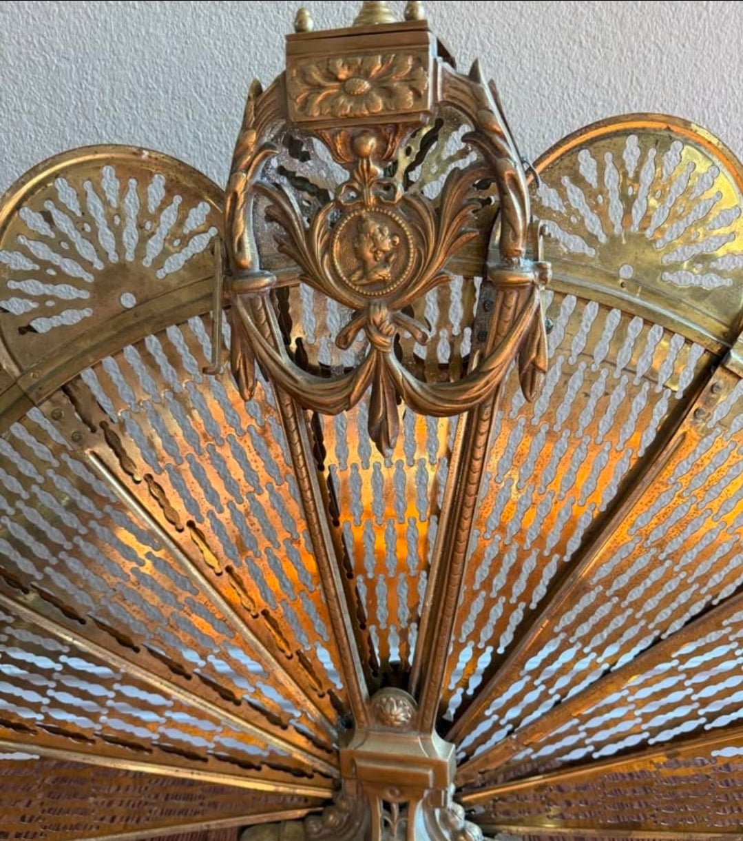 Antique Brass Fan Fireplace Screen | Ornate Victorian / Art Nouveau Fire Guard | Large Decorative Hearth Screen - Workshop & Study