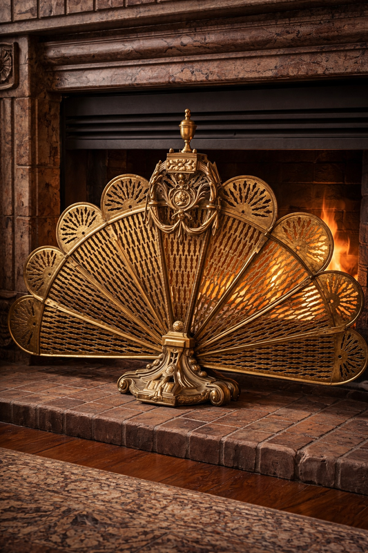 Antique Brass Fan Fireplace Screen | Ornate Victorian / Art Nouveau Fire Guard | Large Decorative Hearth Screen