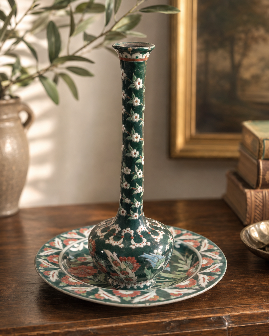 Vintage Handmade Kütahya Turkish Pottery Vase & Plate Set | Hand-Painted Çini Ceramic | Floral Green