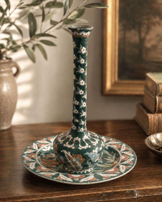 Vintage Handmade Kütahya Turkish Pottery Vase & Plate Set | Hand-Painted Çini Ceramic | Floral Green - Workshop & Study