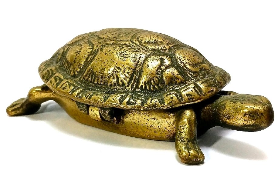 Antique Brass Turtle Trinket Box – English Hinged Shell Desk Object c. 1900 - Workshop & Study