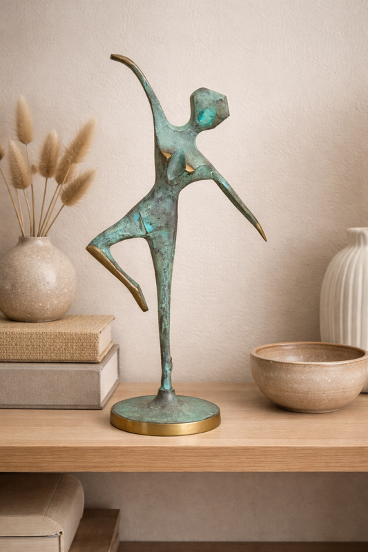 Vintage Mid Century Modern Brass Ballet Dancer Sculpture Verdigris Patina Abstract Figurine