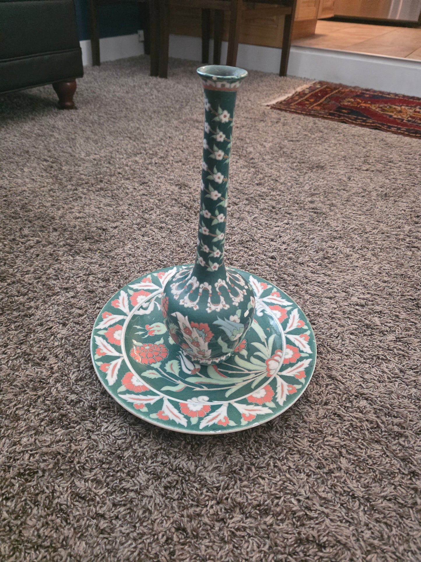 Vintage Handmade Kütahya Turkish Pottery Vase & Plate Set | Hand-Painted Çini Ceramic | Floral Green