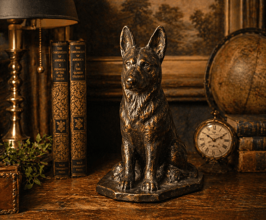 Vintage German Shepherd Dog Statue – Cast Metal Bronze Finish – Mid Century Style Animal Sculpture – Rustic Home Decor - Workshop & Study