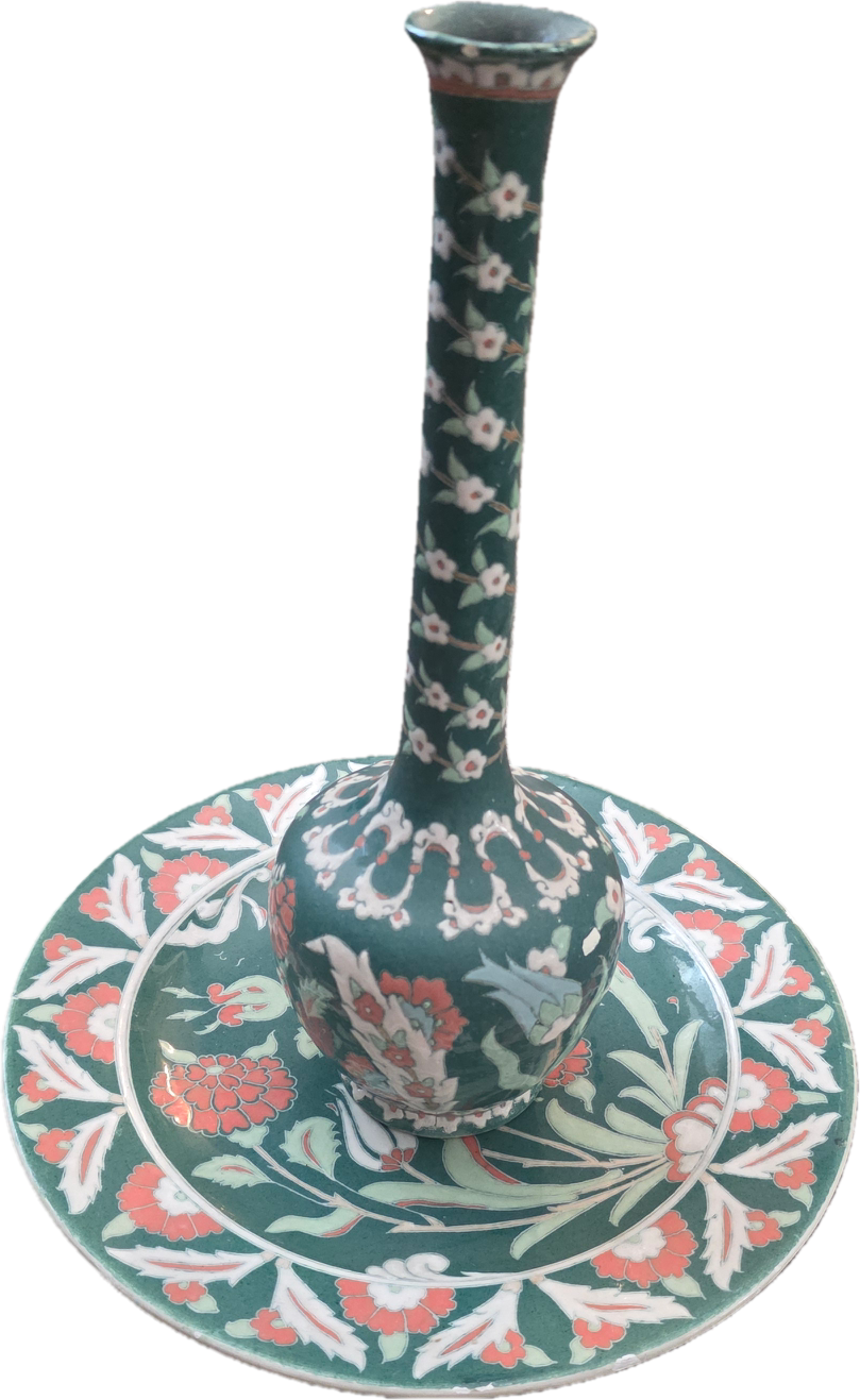Vintage Handmade Kütahya Turkish Pottery Vase & Plate Set | Hand-Painted Çini Ceramic | Floral Green