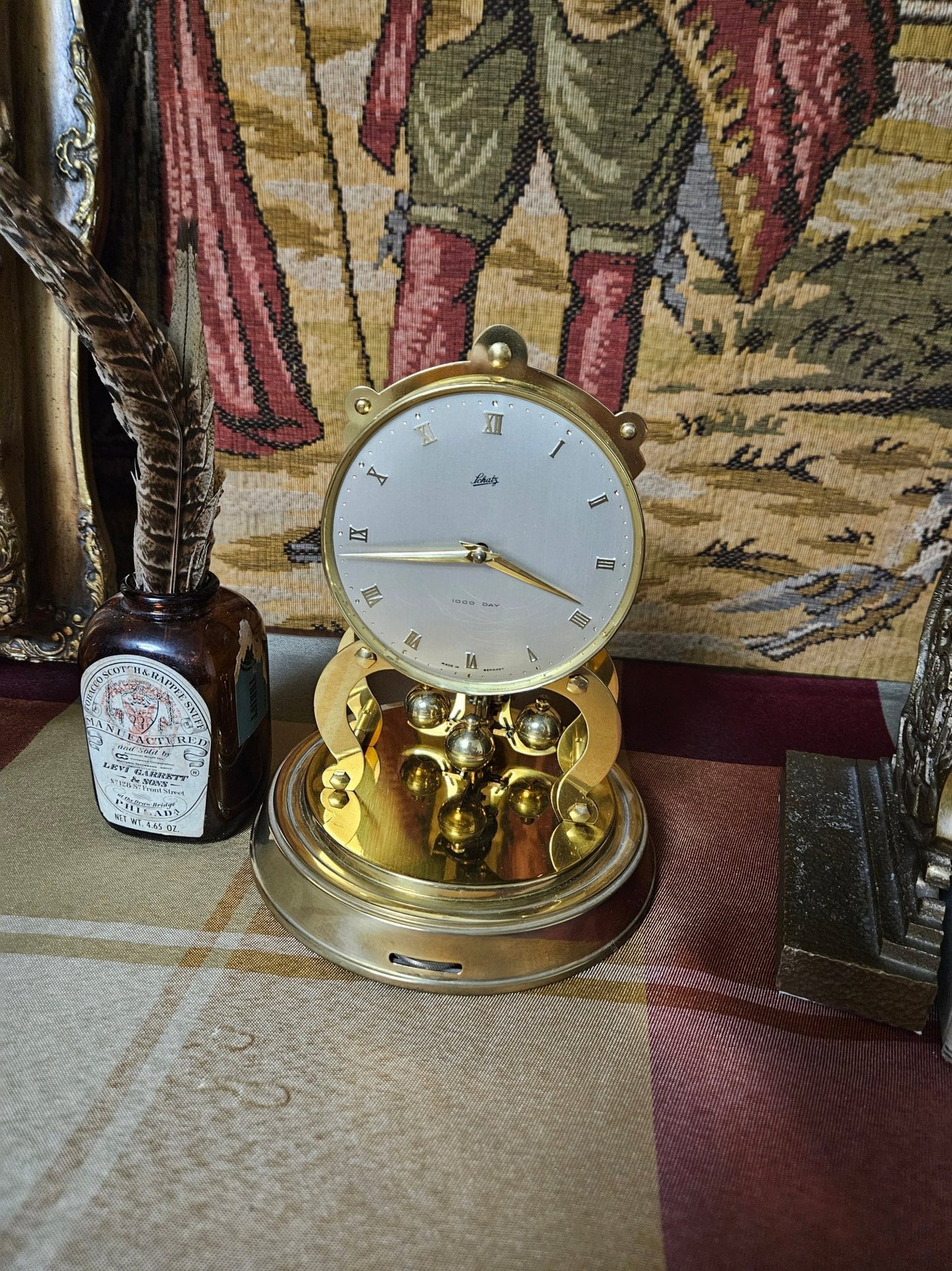 Vintage Schatz 1000 - Day Anniversary Clock with Glass Dome – Brass Torsion Pendulum Mantel Clock - Workshop & Study