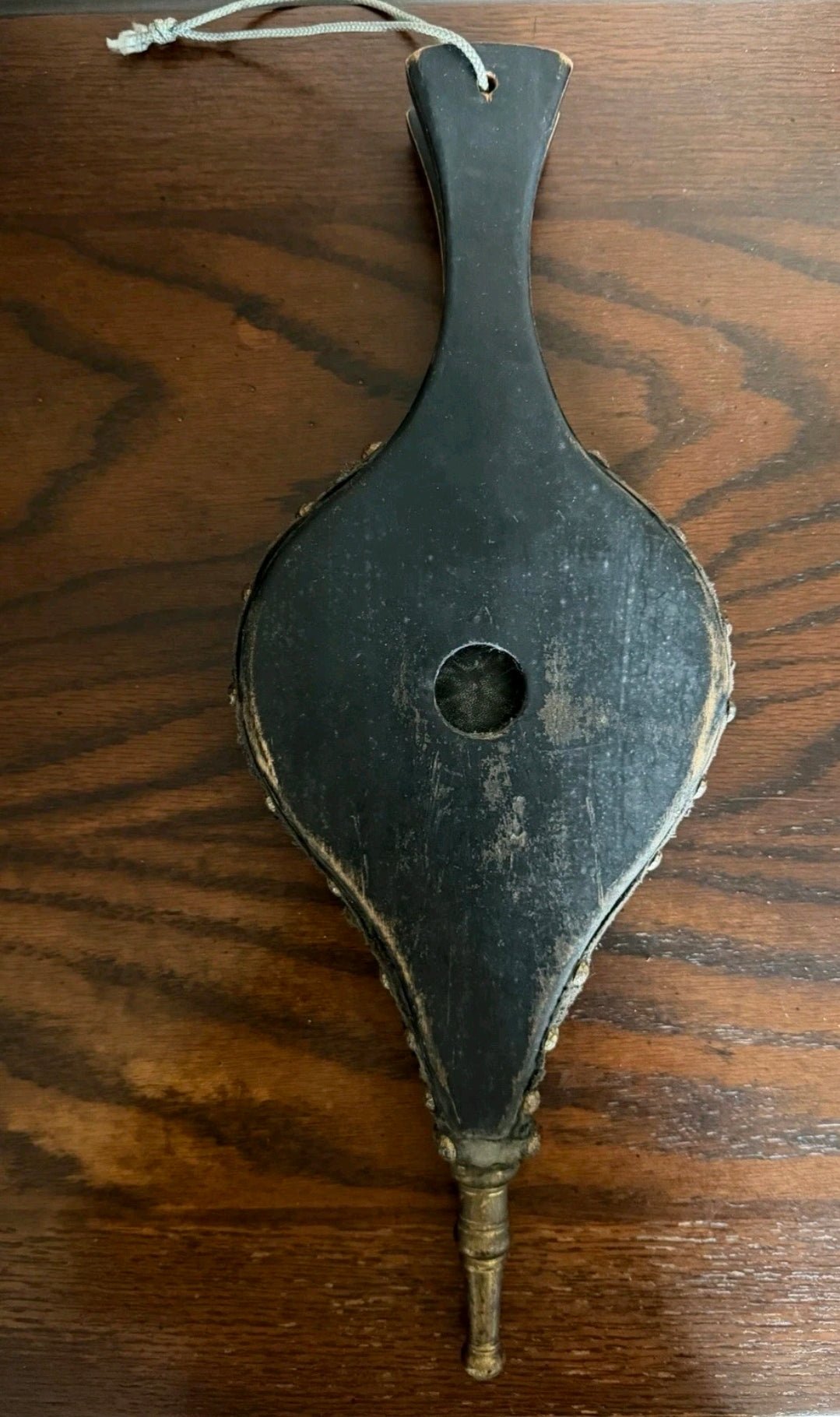 Vintage Fireplace Bellows – Medieval Heraldic Crest, Studded Leather & Brass, c. 1960s - Workshop & Study