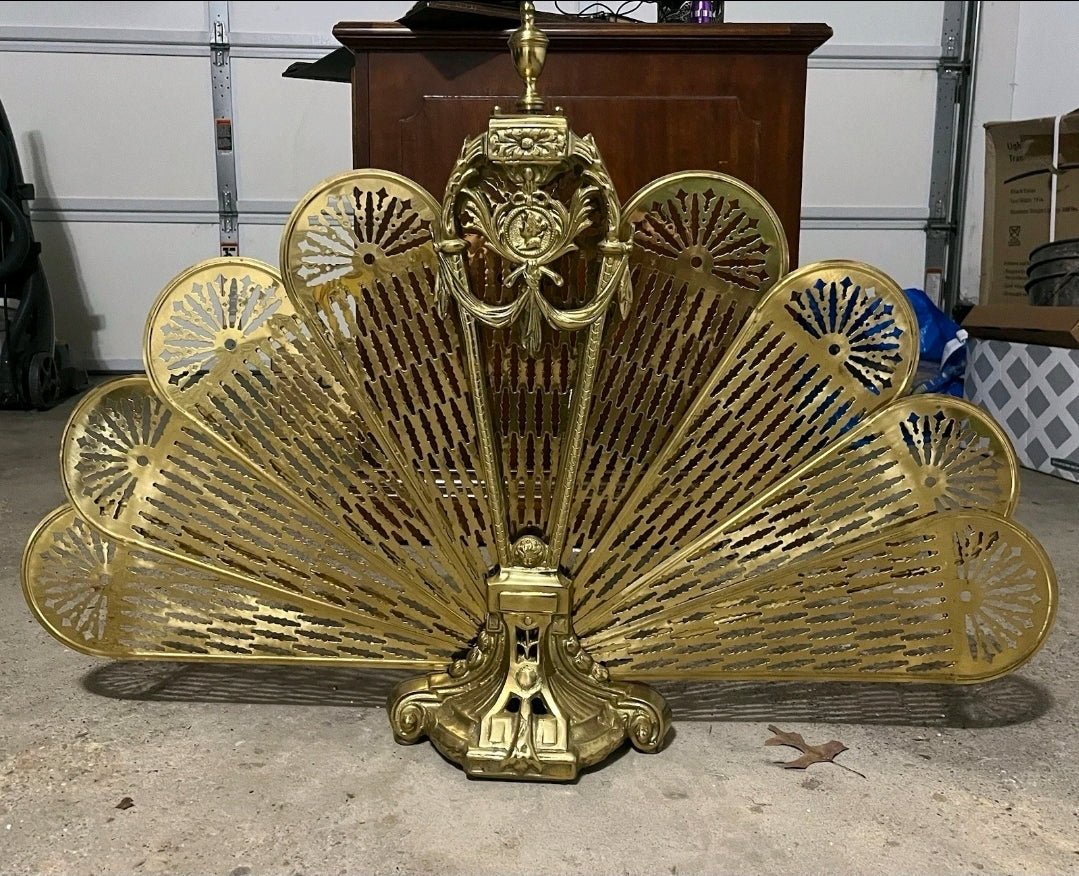 Antique Brass Folding Fireplace Screen – Ornate Peacock Fan Design, Neoclassical Motif, Decorative Fire Guard - Workshop & Study