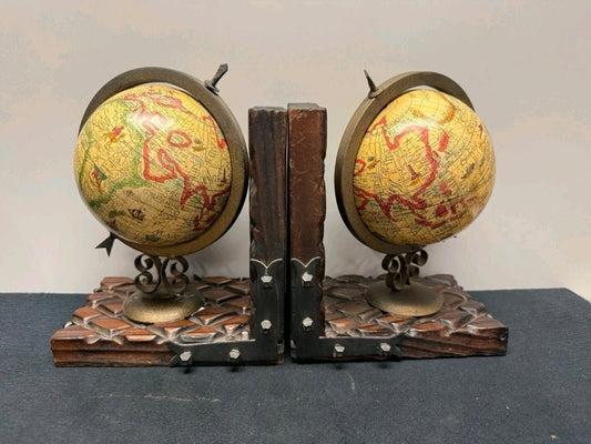 Vintage Globe Bookends Pair | Old World Map Terrestrial Globes | Bronze Tone & Wood Base | Library Decor - Workshop & Study