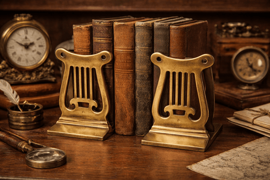 Vintage Brass Lyre Bookends – Classical Harp Form, Library & Study Decor, Art Deco Influence - Workshop & Study