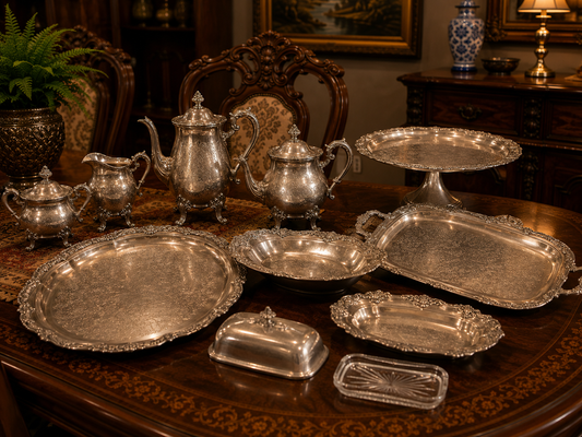 Vintage Silverplate Serving Set – 10-Piece Collection with Coffee Service, Serving Trays, Butter Dish & Pedestal Cake Stand