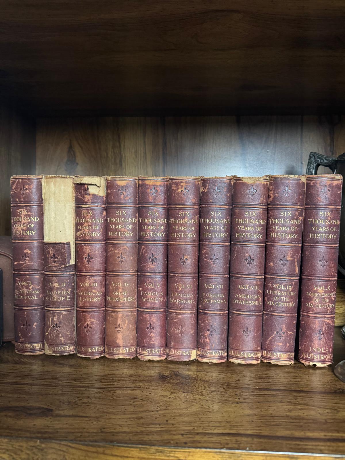 Antique Six Thousand Years of History Book Set Vol. I–X – Illustrated Red Leather Library Collection - Workshop & Study