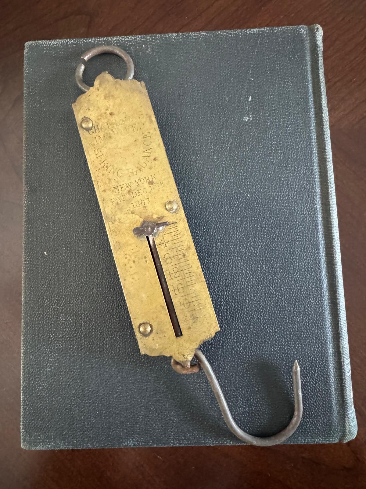 Antique Challenge Spring Balance Scale Pat. Dec 10 1867, Brass Hanging Scale, Primitive Farm Tool