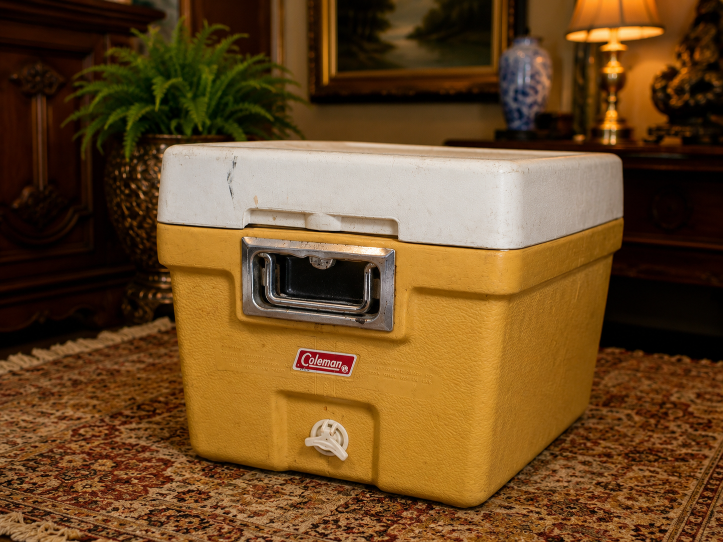 Vintage Coleman Cooler • Mustard Yellow & White Ice Chest • Metal Latch • Retro Camping Cooler