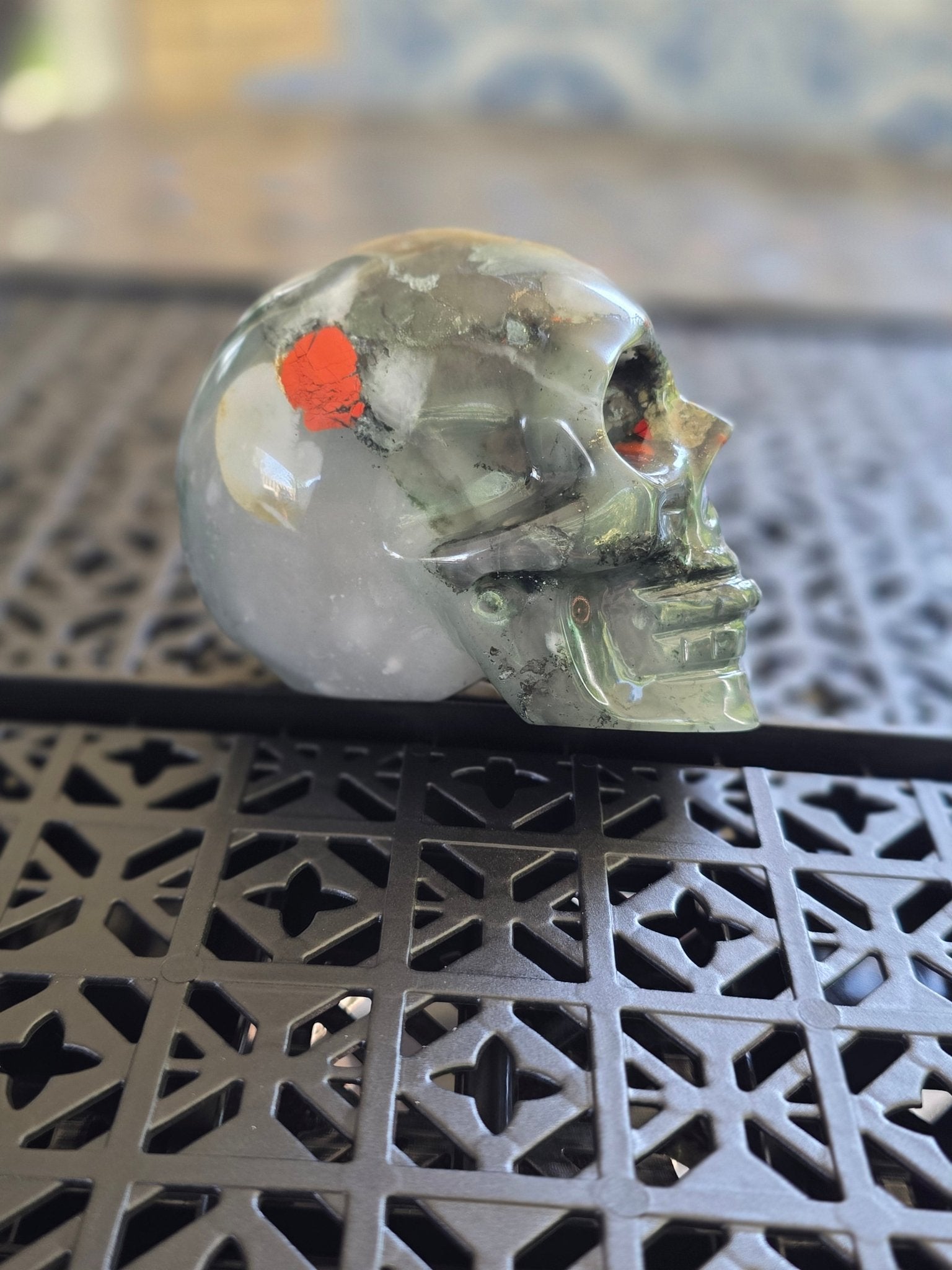 3" Moss Agate Crystal Skull Carving | Natural Green Stone w/ Red Inclusions - Workshop & Study