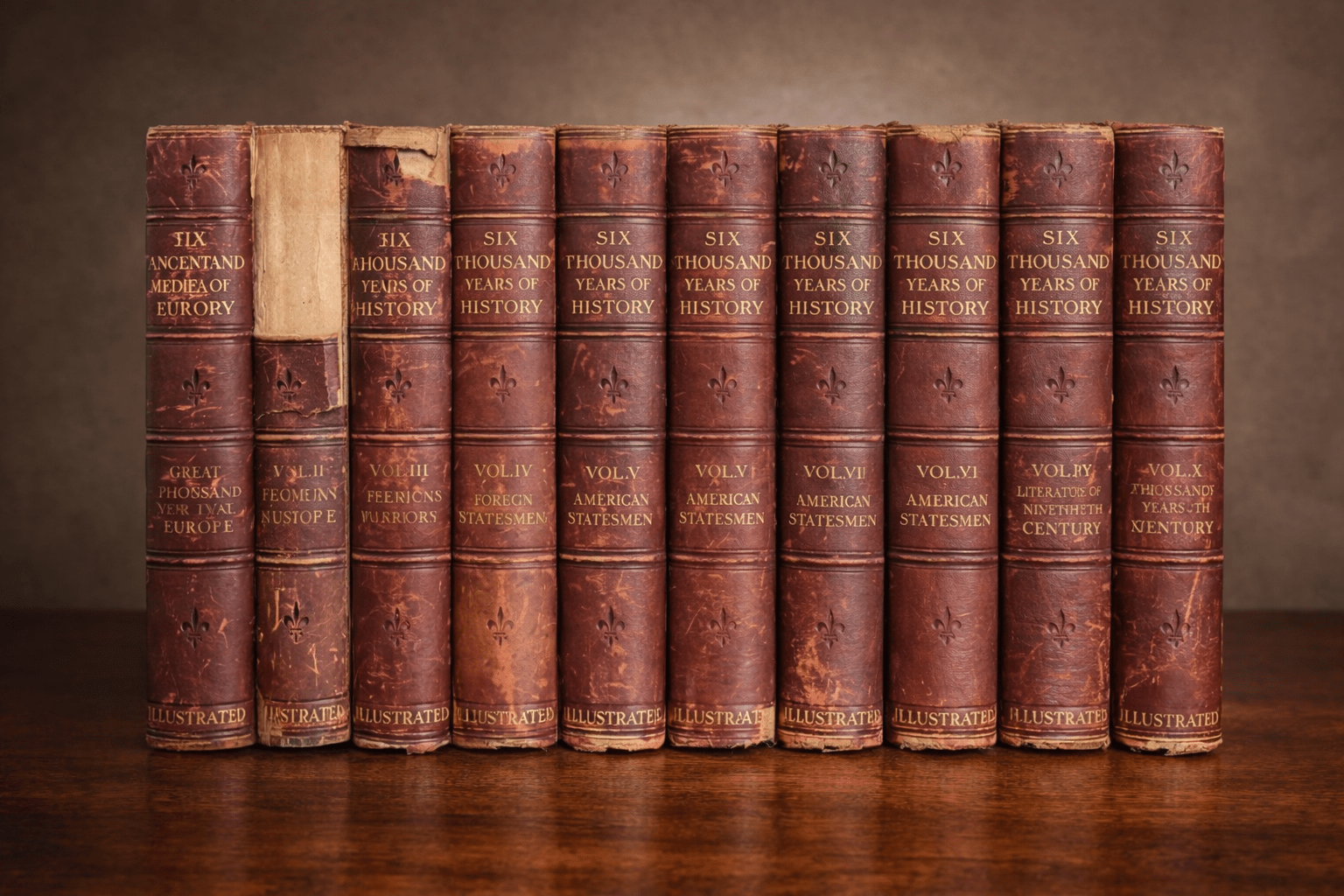 Antique Six Thousand Years of History Book Set Vol. I–X – Illustrated Red Leather Library Collection - Workshop & Study