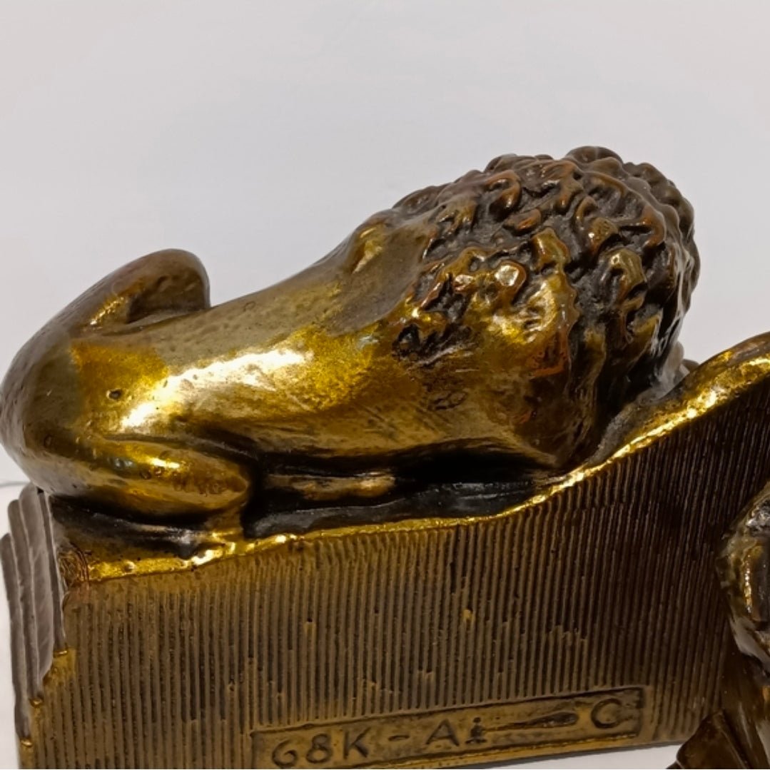 Vintage Lion of Lucerne Bookends Pair – Heavy Cast Brass - Metal Swiss Lion Bookends with Enamel Finish - Workshop & Study