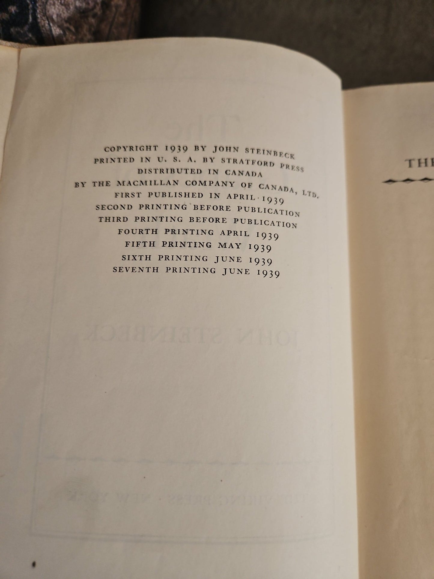 1939 The Grapes of Wrath by John Steinbeck – Early 7th Printing Viking Press Hardcover - Workshop & Study