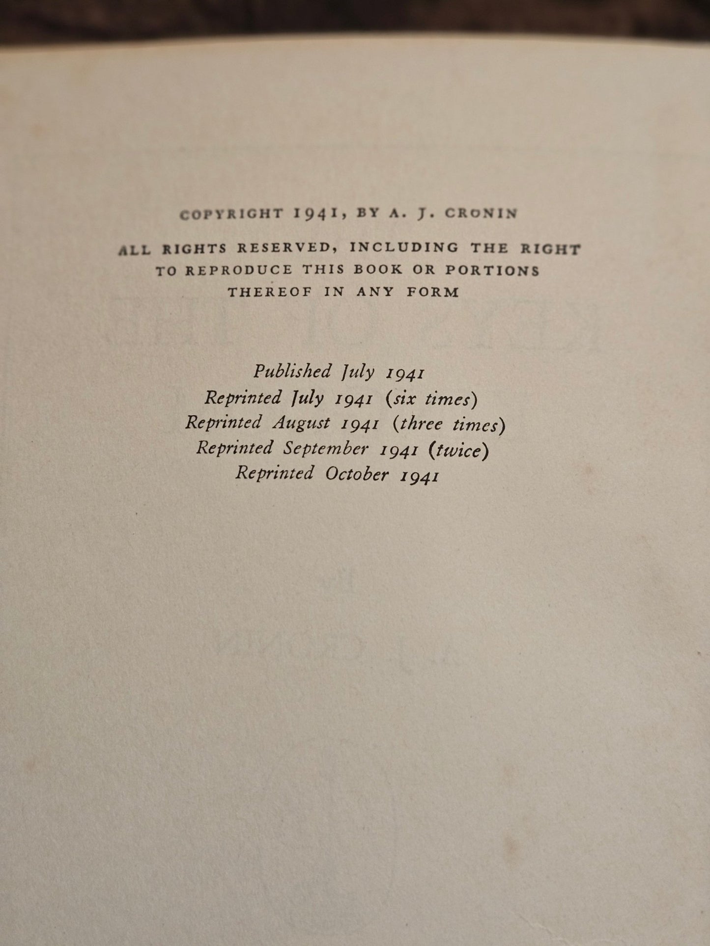 Vintage - The Keys of the Kingdom – A. J. Cronin – 1941 Little, Brown & Co. Hardcover Novel - Workshop & Study