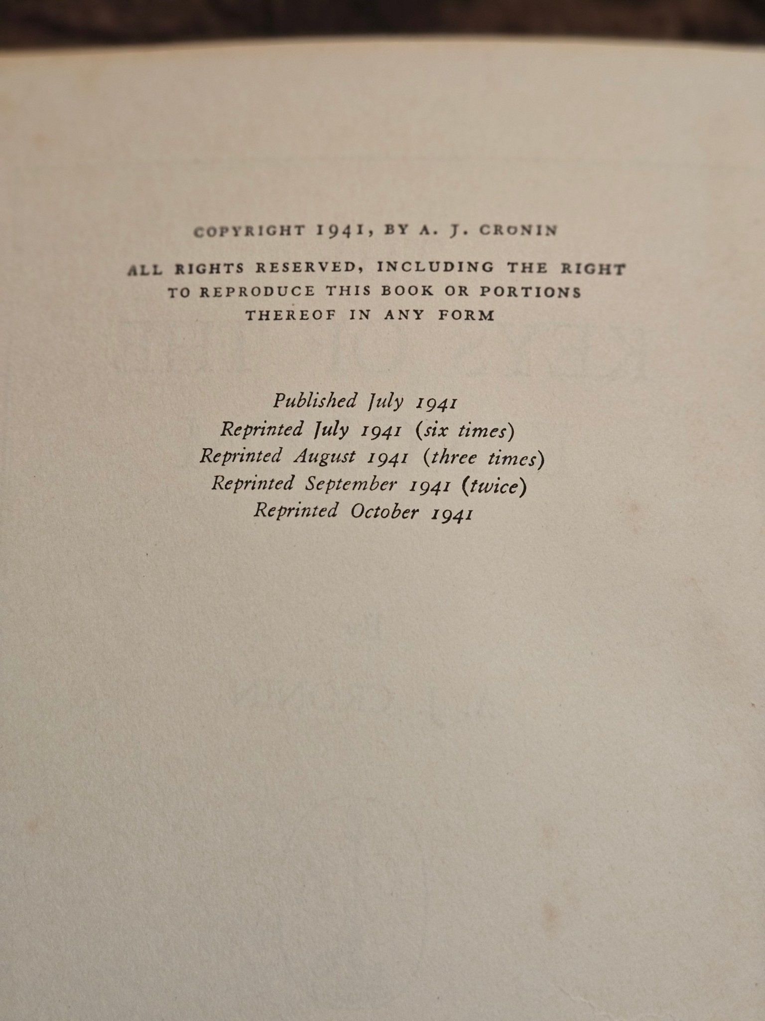 Vintage - The Keys of the Kingdom – A. J. Cronin – 1941 Little, Brown & Co. Hardcover Novel - Workshop & Study