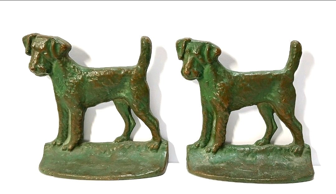 Antique 1928 NY Brass Co. Cast Iron Dog Bookends – Model 134, Original Green Patina - Workshop & Study