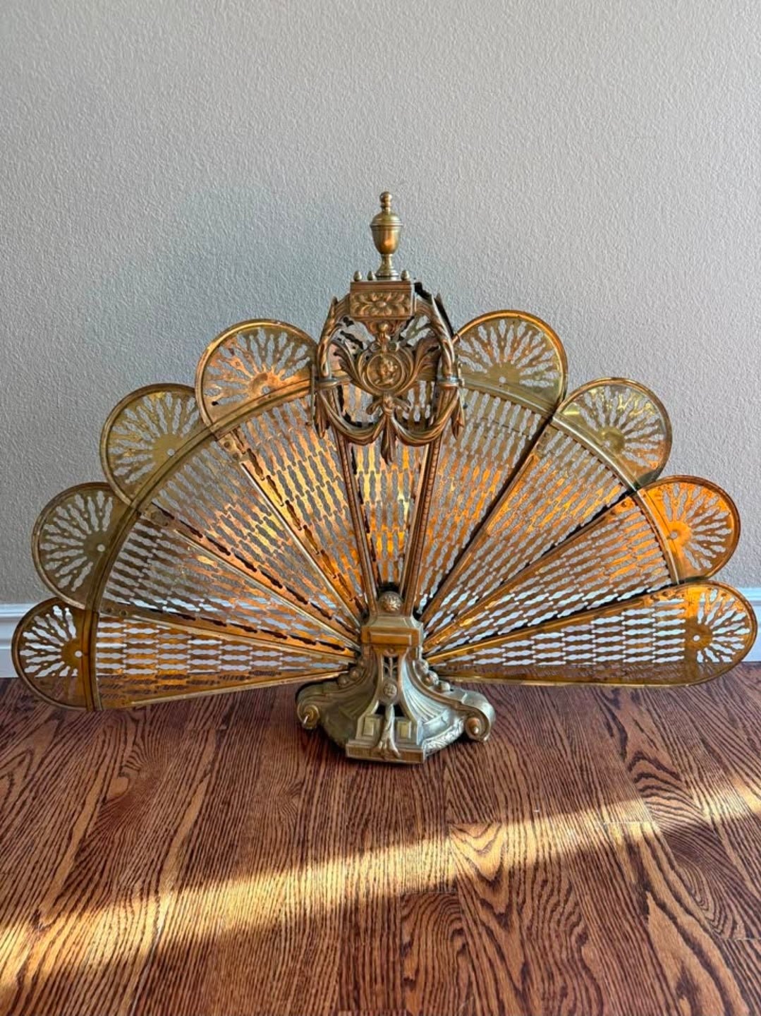 Antique Brass Fan Fireplace Screen | Ornate Victorian / Art Nouveau Fire Guard | Large Decorative Hearth Screen - Workshop & Study