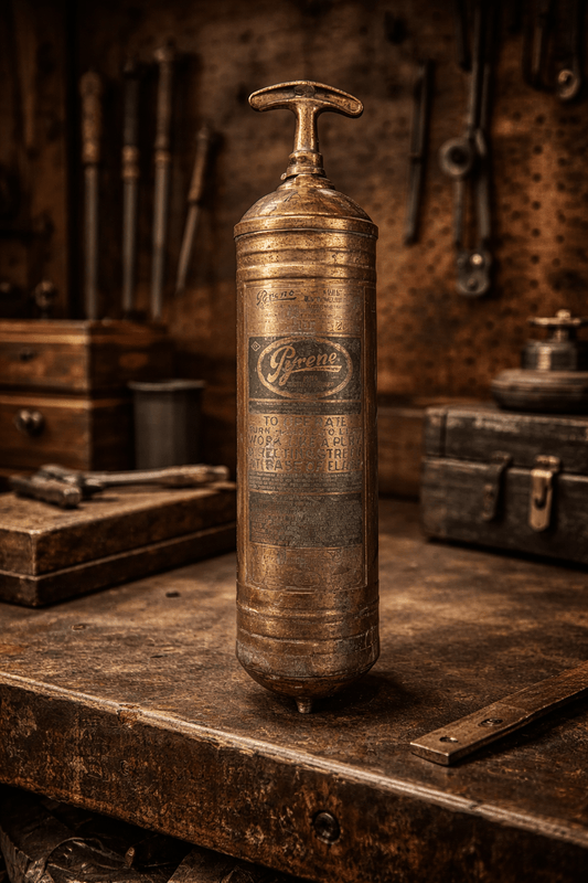 Vintage Pyrene Fire Extinguisher Brass Pump Style – Antique Industrial Decor – Early Auto / Garage Collectible - Workshop & Study