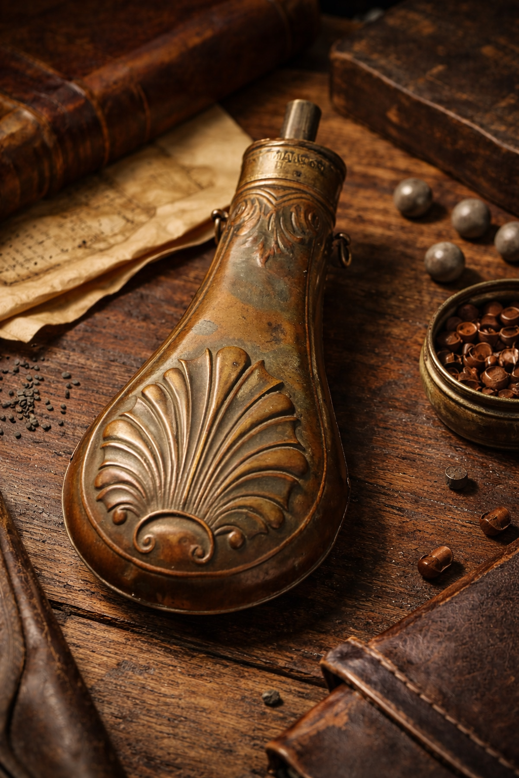 Antique AM Flask & Cap Co Powder Flask – American Copper & Brass – c. 1850s