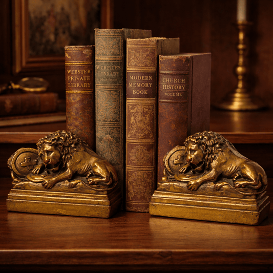 Vintage Lion of Lucerne Bookends Pair – Heavy Cast Brass - Metal Swiss Lion Bookends with Enamel Finish - Workshop & Study