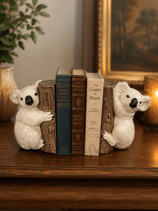 Vintage Handmade Ceramic Koala Bear Bookends | Adorable Woodland Shelf Decor | Heavy Glazed Stoneware Pair - Workshop & Study