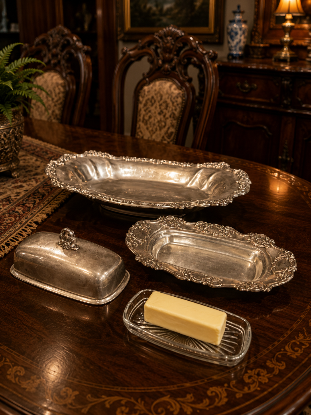 Vintage Silverplate Serving Set – 10-Piece Collection with Coffee Service, Serving Trays, Butter Dish & Pedestal Cake Stand