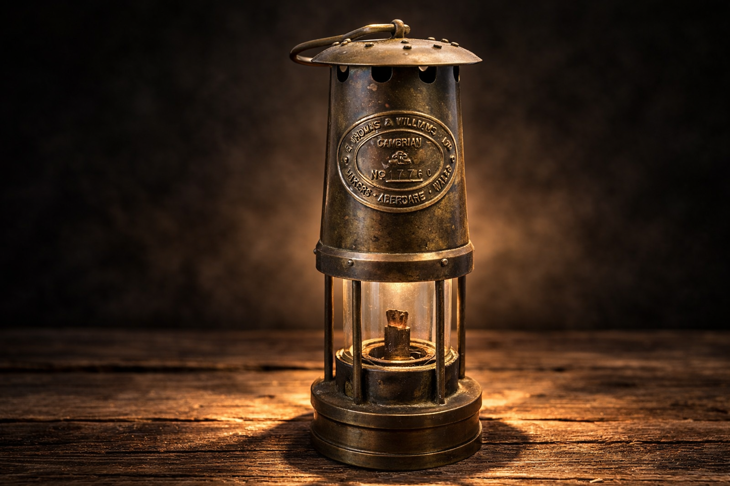 Antique E Thomas & Williams Cambrian Brass Miners Lamp Aberdare Wales No 7769