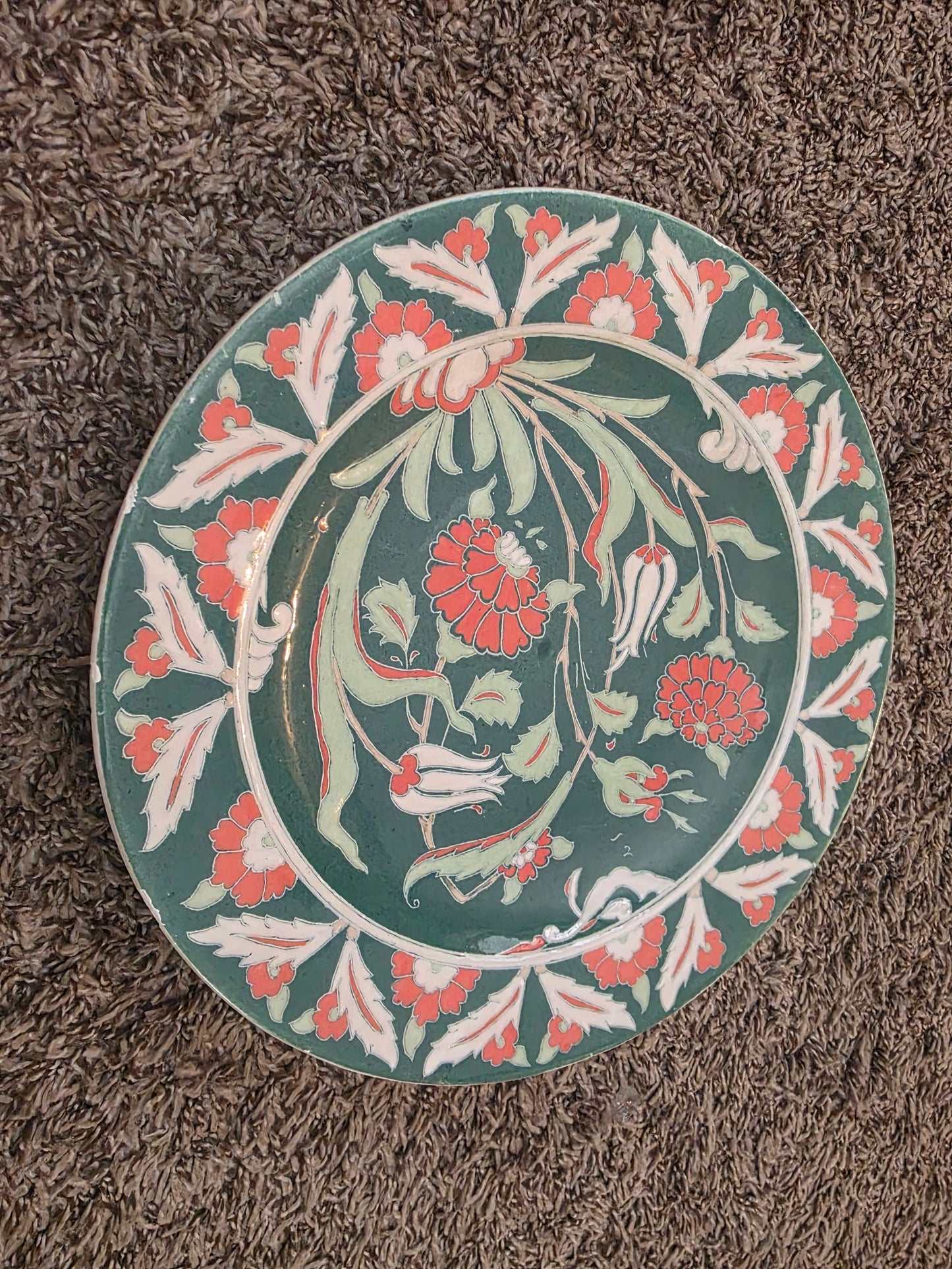 Vintage Handmade Kütahya Turkish Pottery Vase & Plate Set | Hand-Painted Çini Ceramic | Floral Green