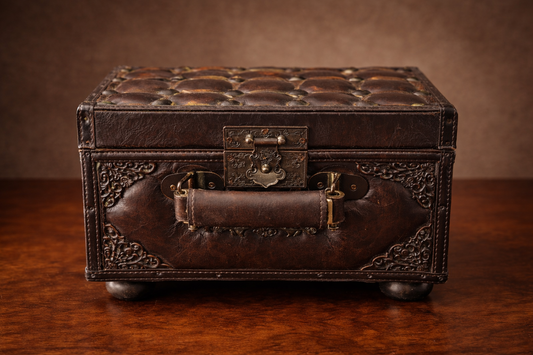 Antique Embossed Leather Jewelry Box with Tufted Lid, Victorian Style Storage Chest, Vintage Decorative Keepsake Box