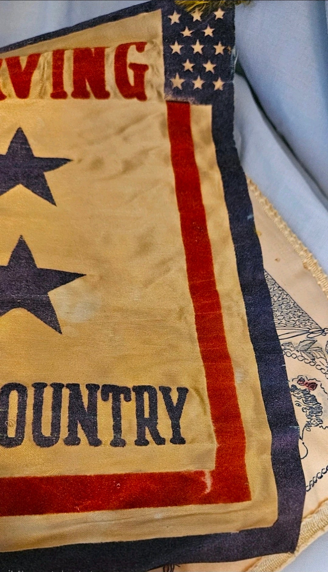World War I Patriotic Silk Textile Set – “Serving Our Country” Banner & “Remember Me” Pillow Cover (c. 1917–1919) - Workshop & Study