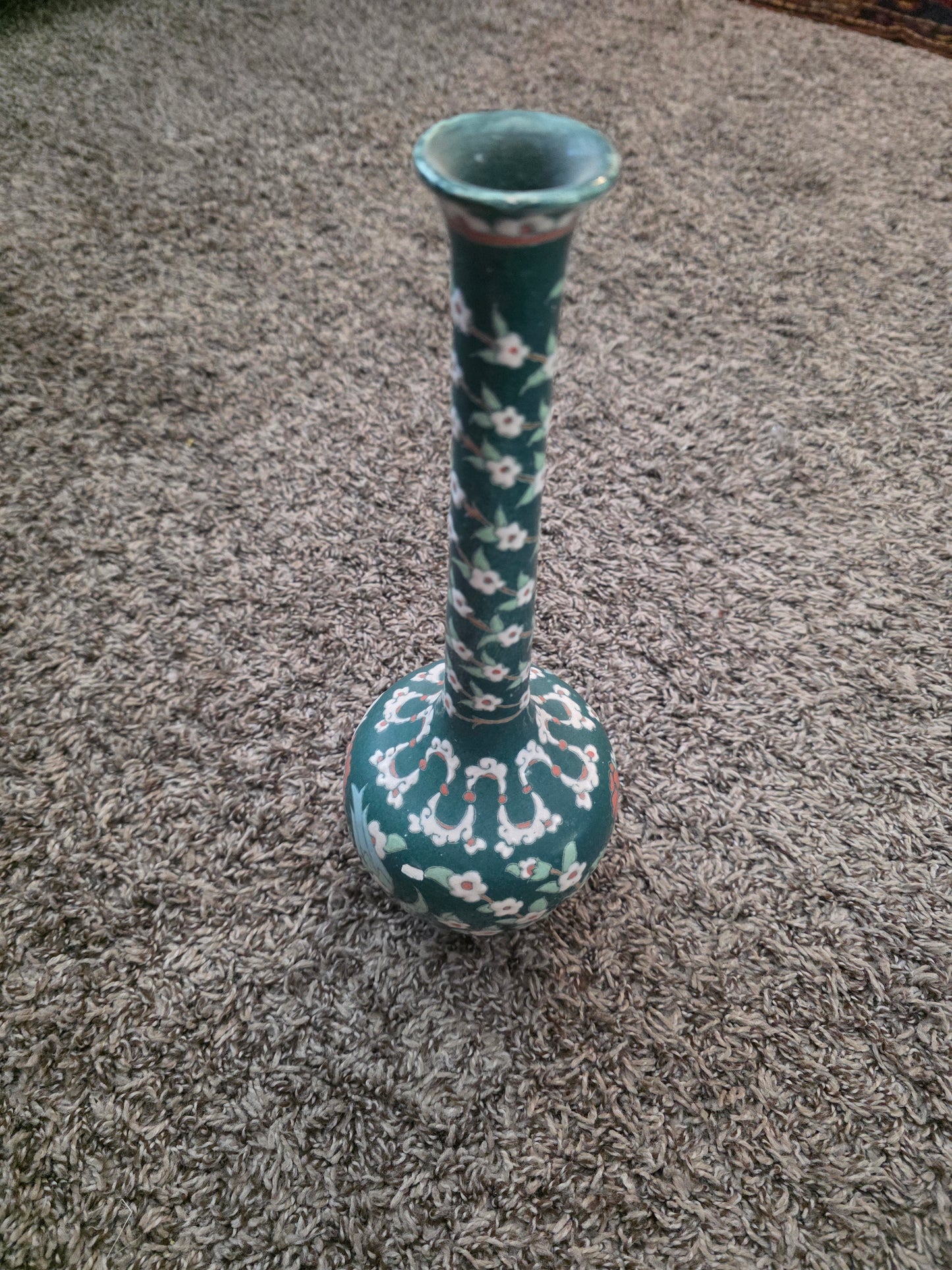 Vintage Handmade Kütahya Turkish Pottery Vase & Plate Set | Hand-Painted Çini Ceramic | Floral Green