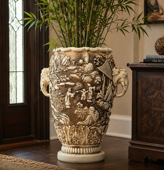 Vintage Elephant Handled Asian Scenic Floor Vase | Large 12" Decorative Vase | Heavy Statement Piece