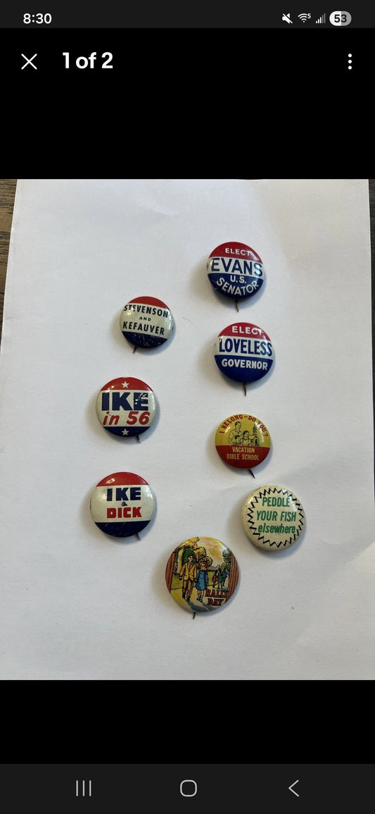 Vintage Political Campaign Pin Lot – Eisenhower “Ike 56”, Stevenson, Loveless, Mid-Century Buttons